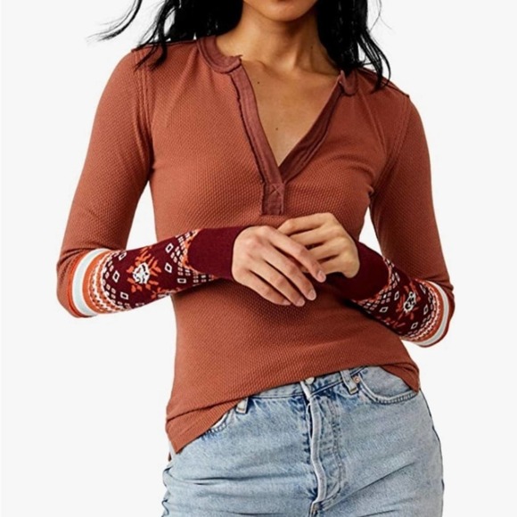 Free People Mikah Layering Cuff Henley Autumn Raw Seaming Print Accent  medium - Picture 1 of 6